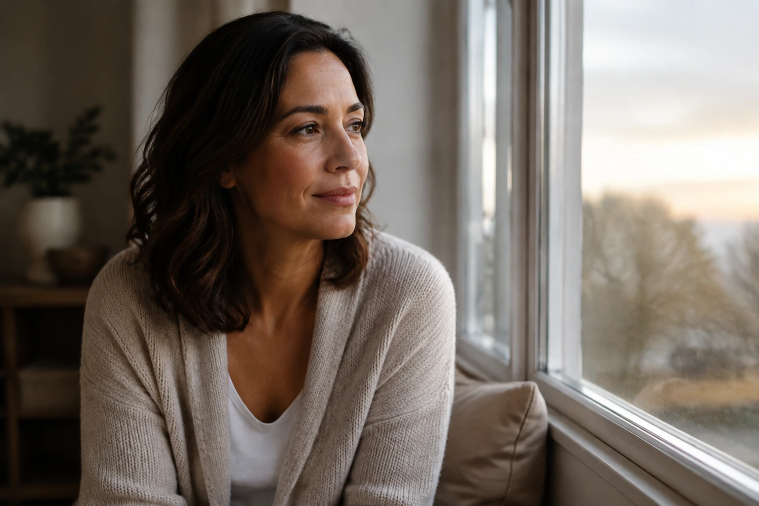 Mujer con un cárdigan junto a la ventana al amanecer.