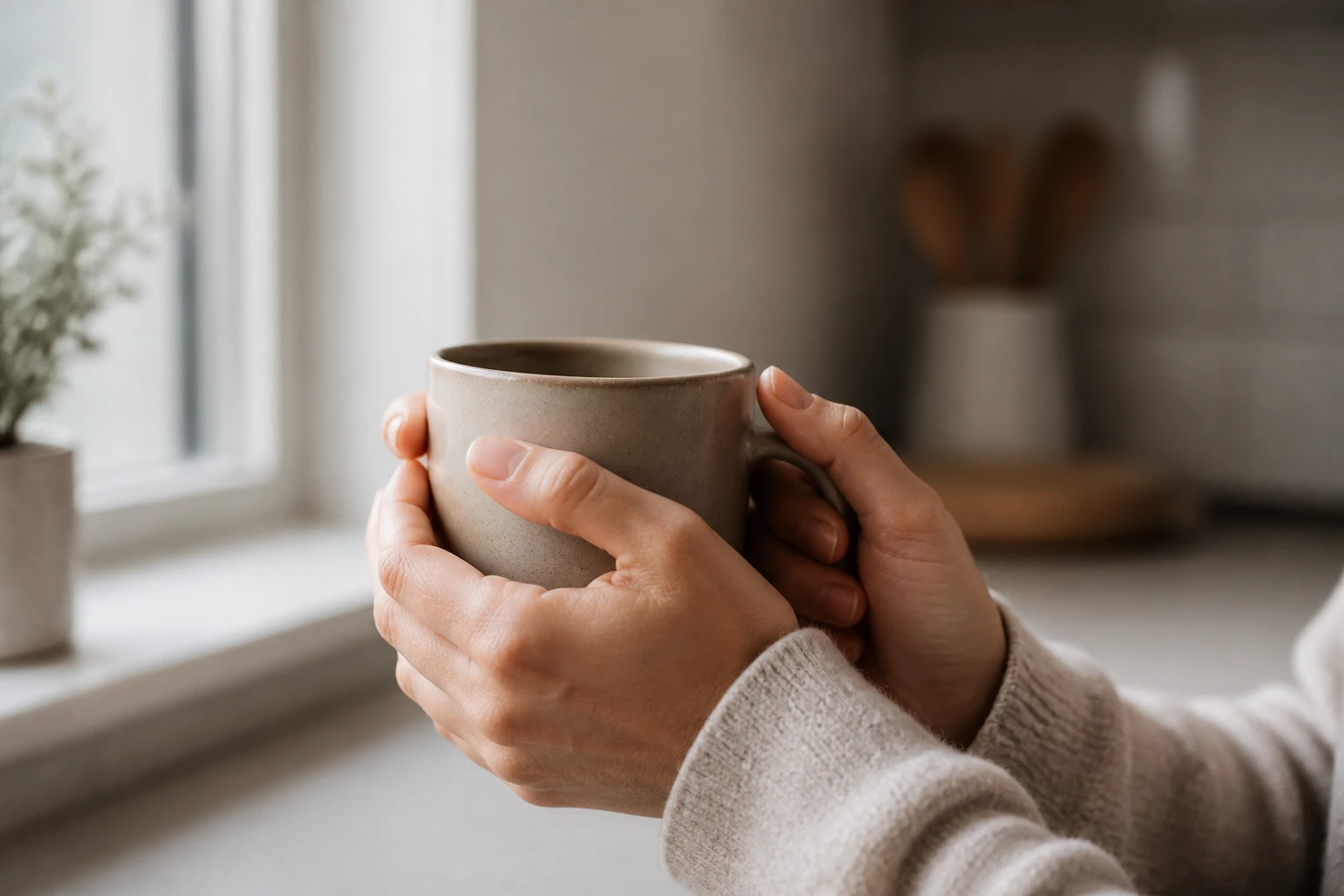 Manos alrededor de una taza de cerámica bajo la luz de la mañana.