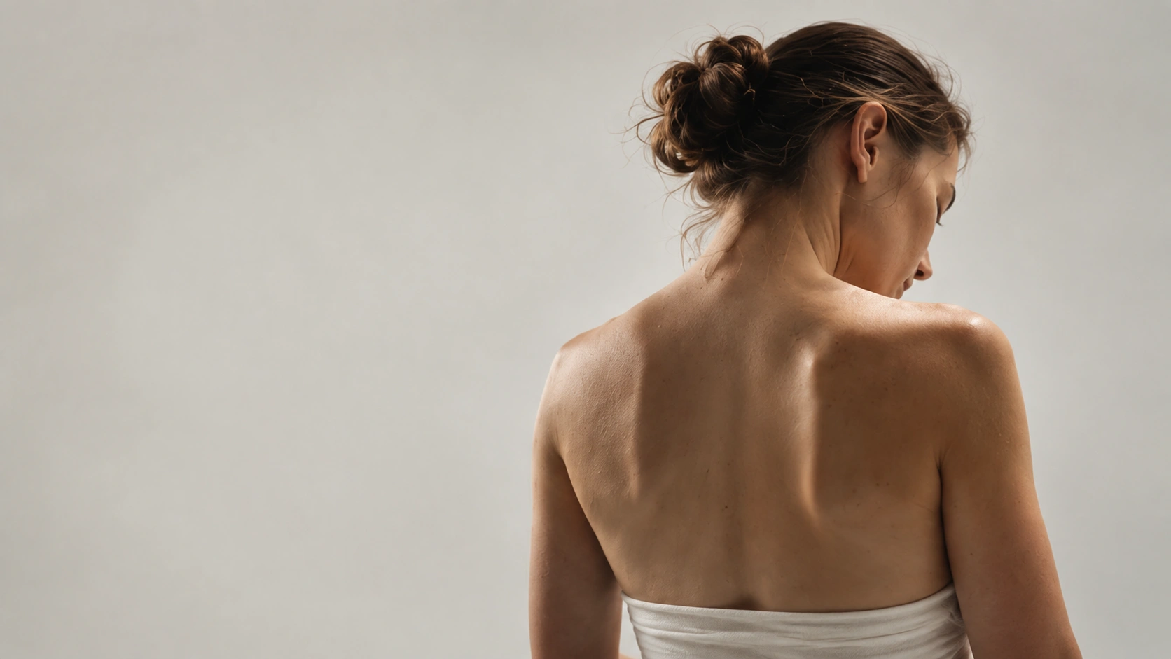 Mujer de espaldas, con el cuello, los hombros y la espalda descubiertos.